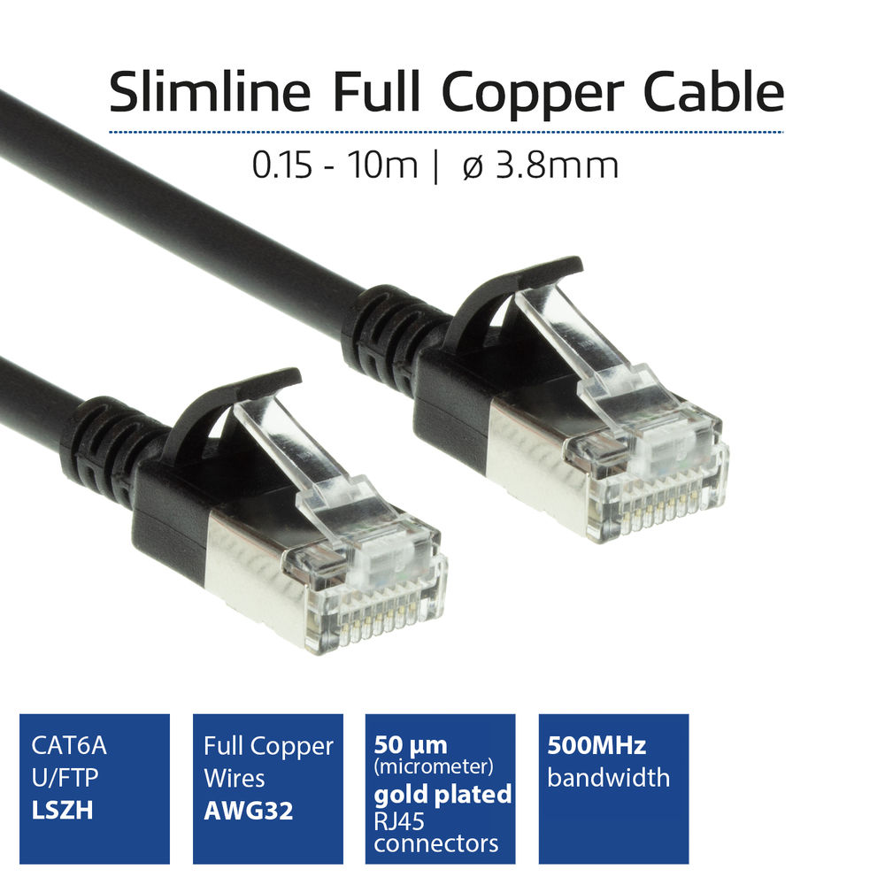 Zwarte netwerkkabel met connectoren. Tekst: Slimline Full Copper Cable, CAT6A, Full Copper Wires, vergulde RJ45 connectoren.
