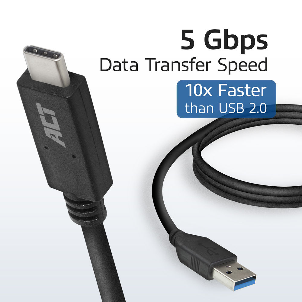 Zwarte USB-C-kabel met de tekst: 5 Gbps Dataoverdrachtsnelheid, 10x sneller dan USB 2.0. USB-A connector op de achtergrond.