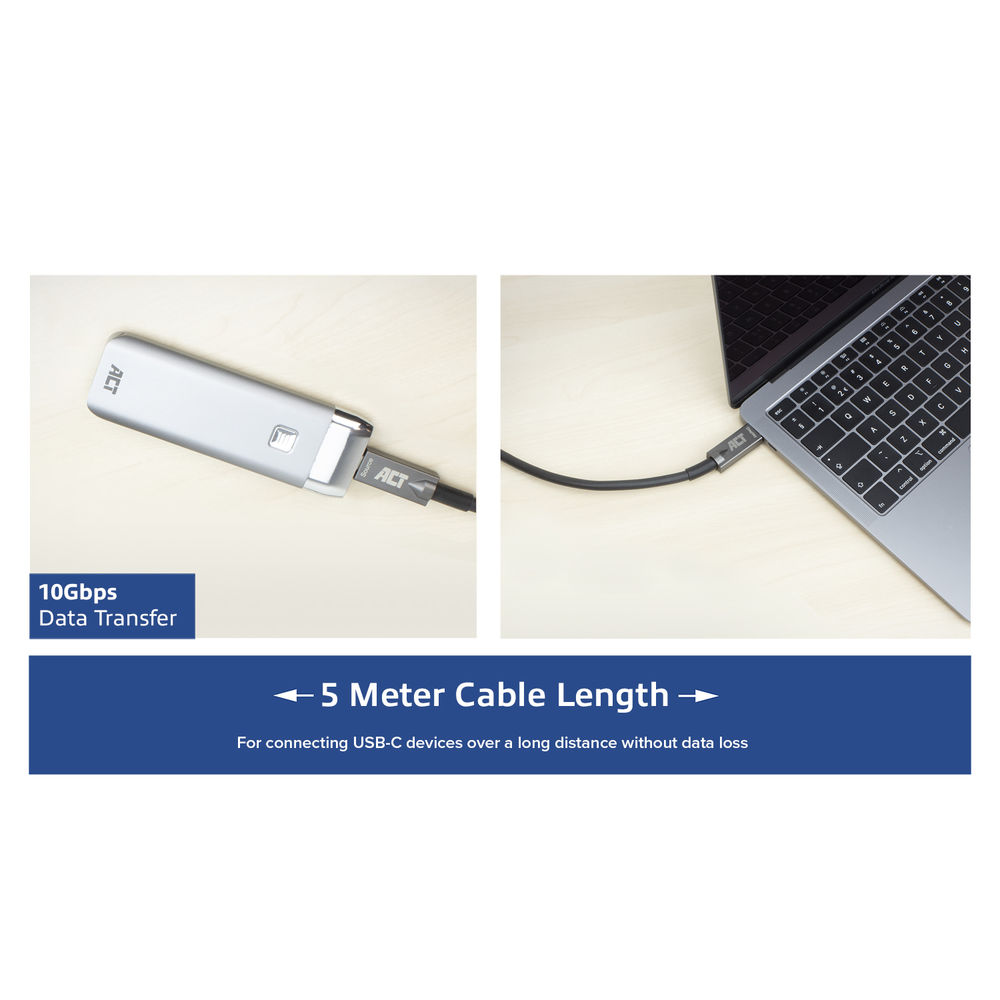 A silver ACT device and a laptop are connected via a black cable. Text reads '5 Meter Cable Length' and '10Gbps Data Transfer'.