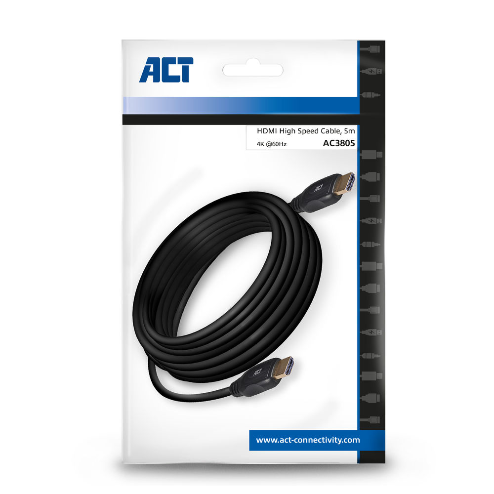 Een HDMI-kabel in een verpakking. De kabel is zwart en opgerold. De verpakking is wit en heeft het merk ACT.