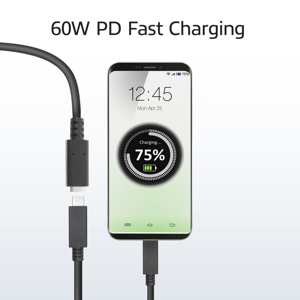 Een telefoon toont 75% opladen met een zwarte kabel aangesloten. De tekst '60W PD Fast Charging' staat bovenaan.