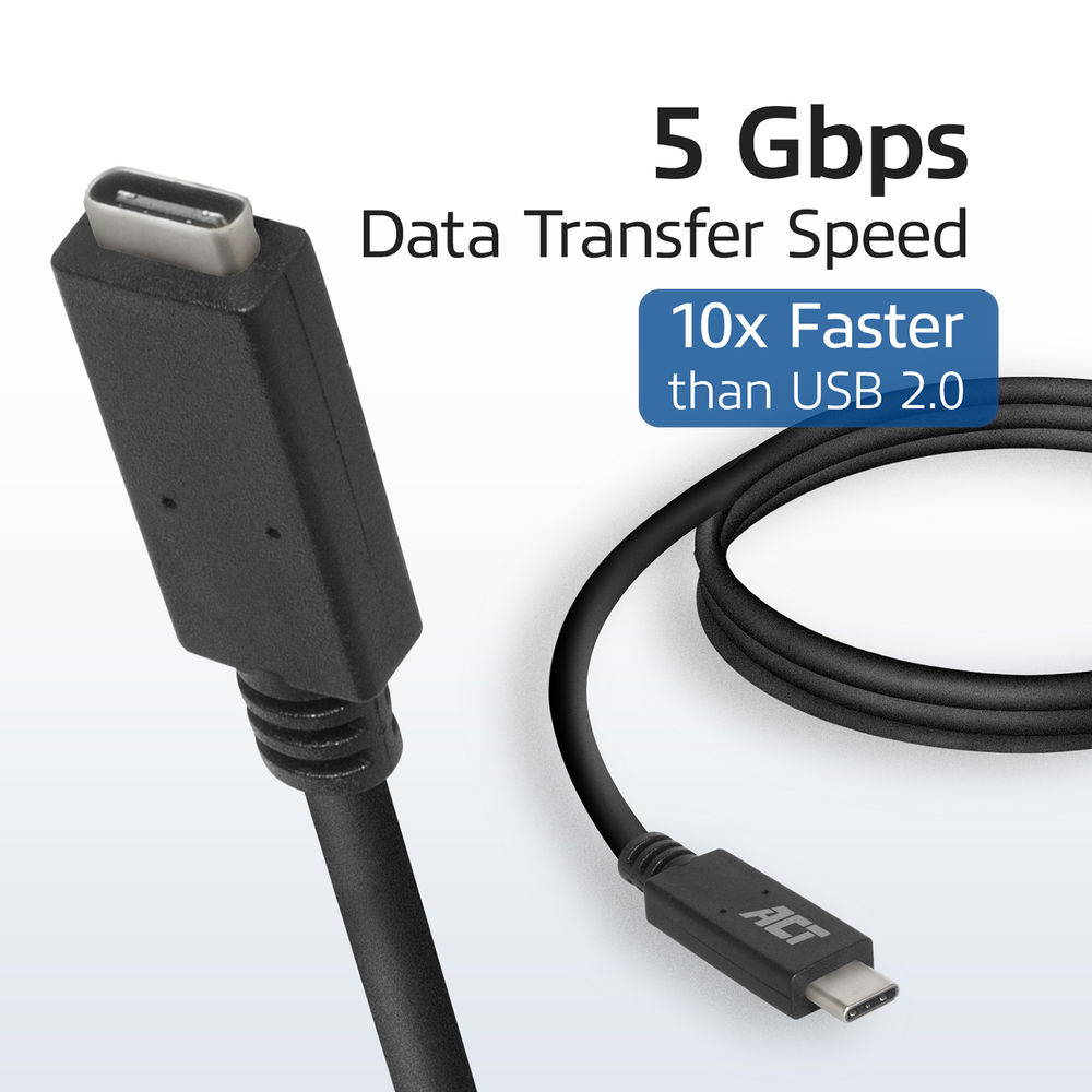Zwarte USB-C-kabel met de tekst '5 Gbps Gegevensoverdrachtsnelheid'. De tekst '10x sneller dan USB 2.0' is ook aanwezig.