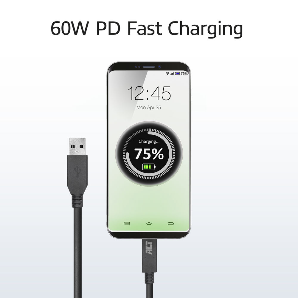 Een telefoon die oplaadt, met 75% batterij. Een USB-kabel is aangesloten. Tekst luidt '60W PD Fast Charging'.