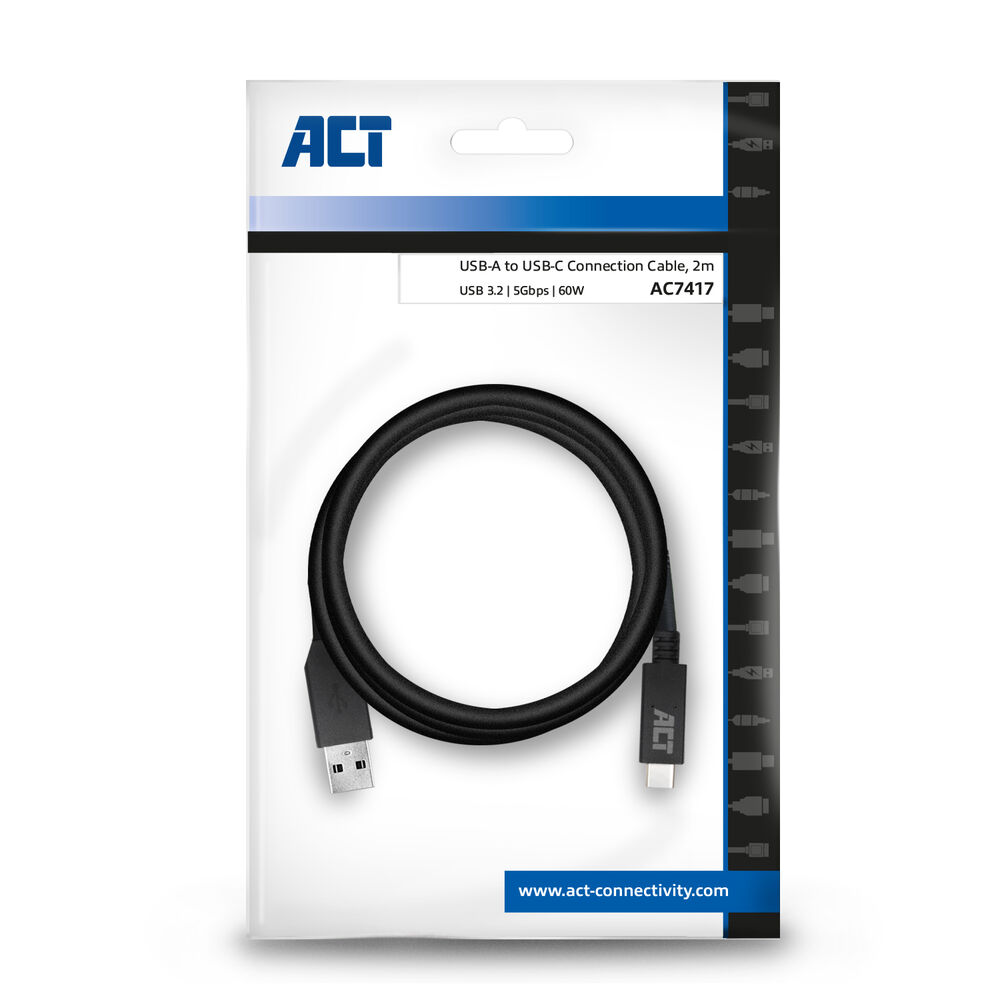 Zwarte USB-A naar USB-C kabel in een verpakking. De verpakking heeft het ACT-logo en productinformatie, inclusief specificaties.