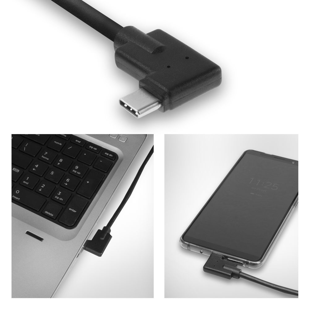 Een USB-C-kabel is aangesloten op een laptop en een smartphone. De bovenkant toont de kabel en de connector. De telefoon toont de tijd.