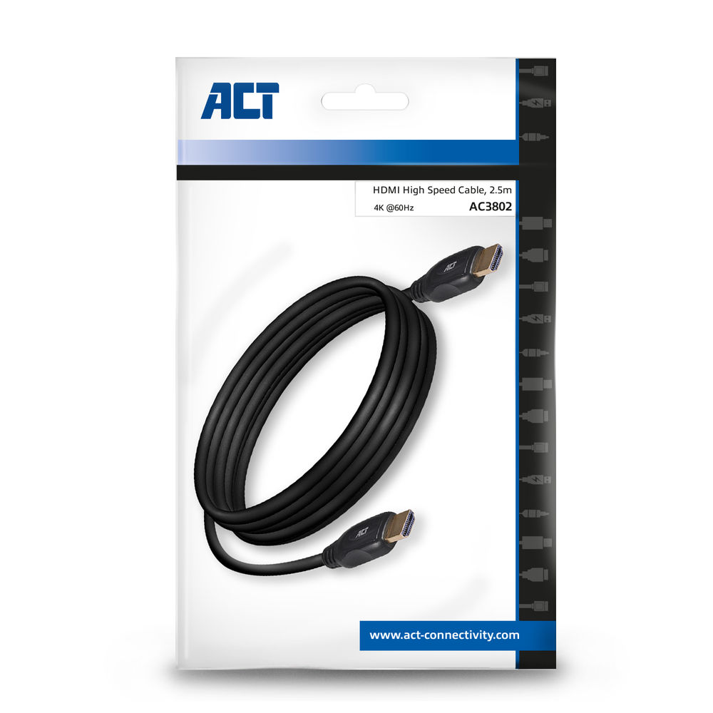 Een HDMI-kabel in een verpakking. De kabel is zwart en in lussen. De verpakking is wit met blauwe accenten en het ACT-logo.