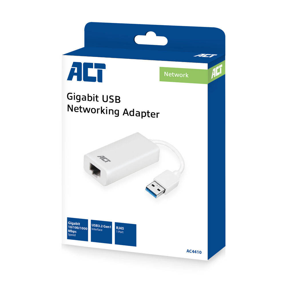 Ein weißer ACT Gigabit USB Netzwerkadapter in seiner Verpackung. Die Box ist weiß und blau mit Produktdetails.