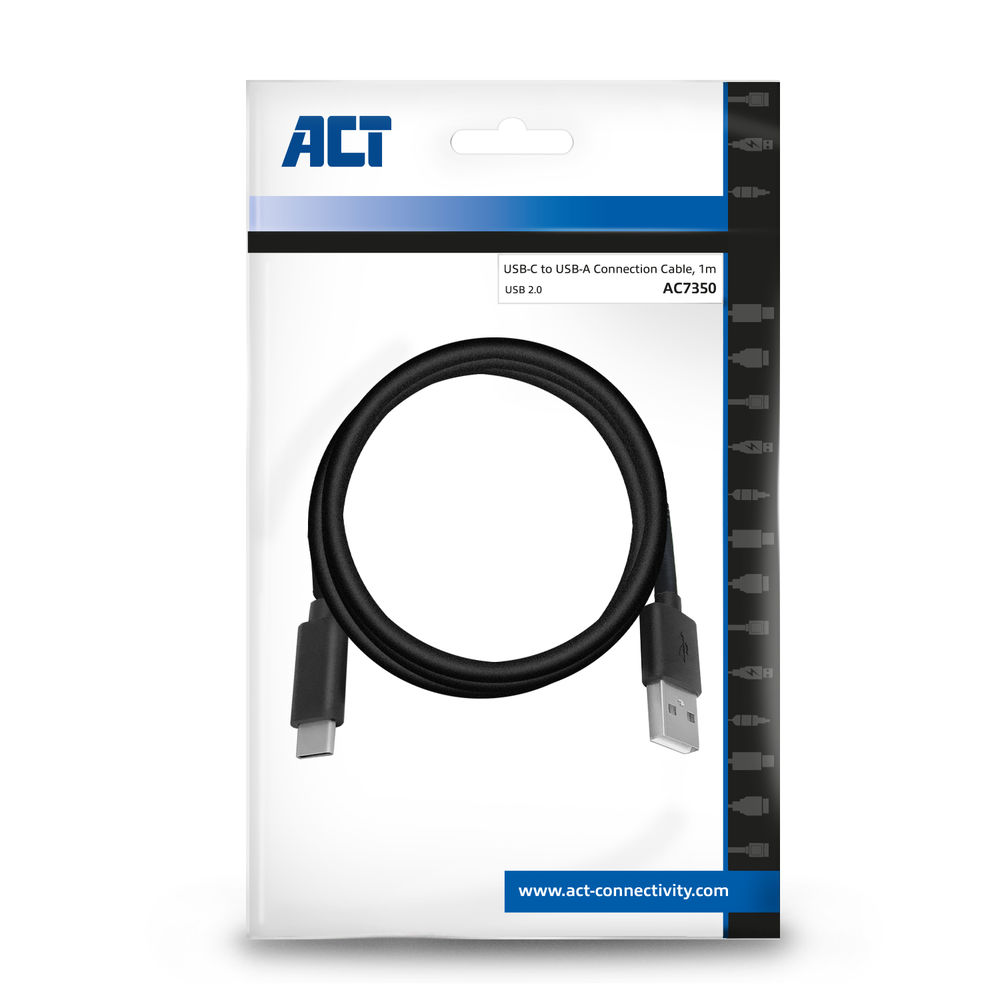 Ein schwarzes USB-C-auf-USB-A-Kabel in einer Verpackung. Die Verpackung hat das ACT-Logo, Produktinfo und Webadresse.