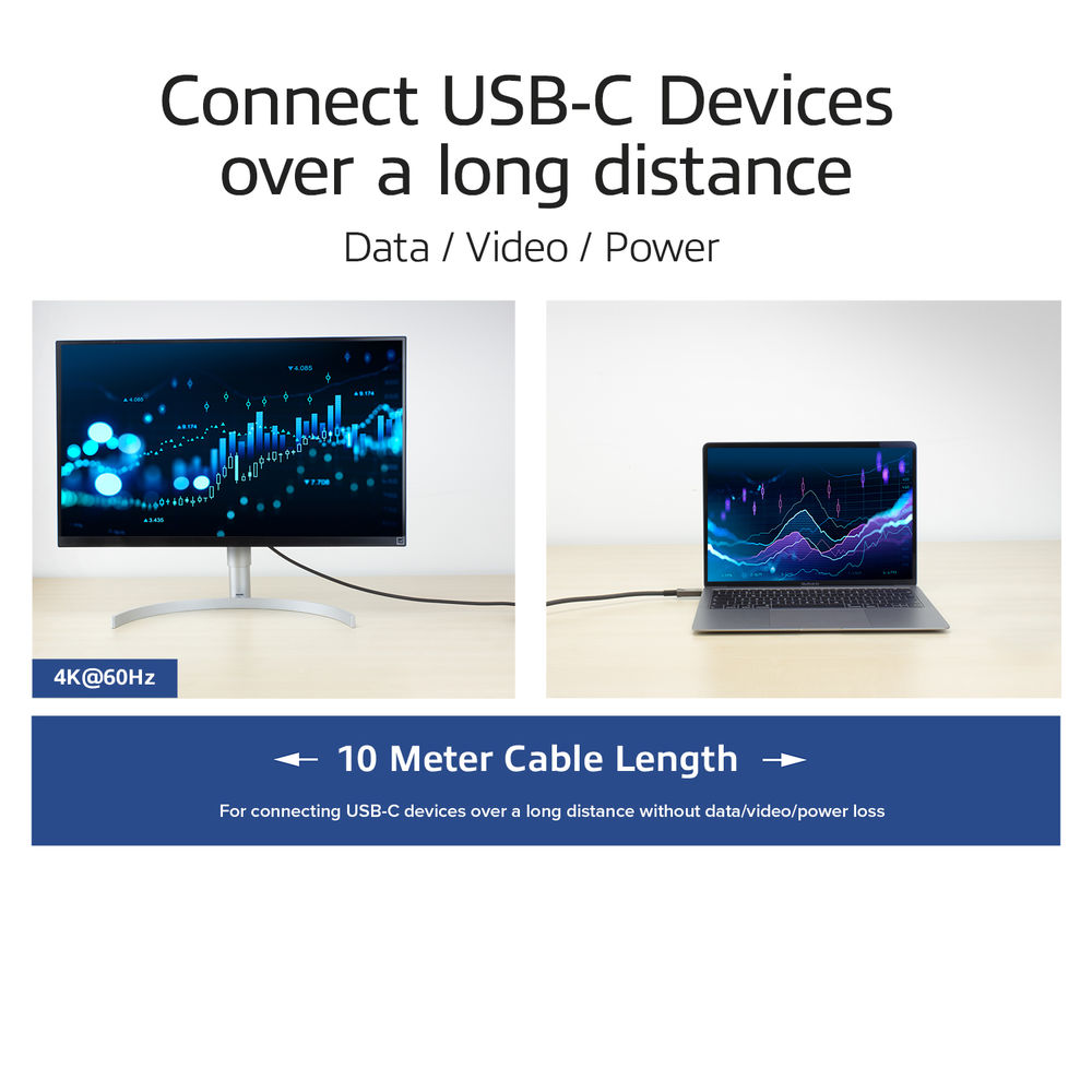 Image shows a monitor and laptop connected by a cable. Text highlights USB-C devices and 10-meter cable length for data/video/power.