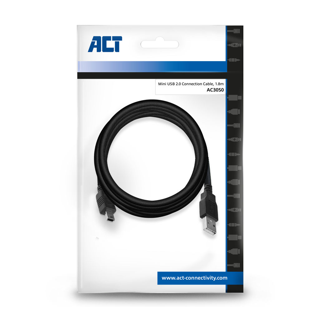 A package shows a black Mini USB 2.0 connection cable, 1.8m. The brand ACT is at the top. The background is white.