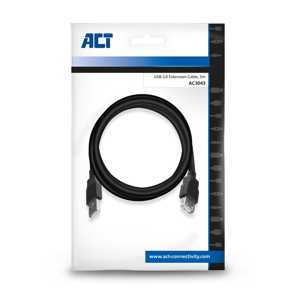 Een zwarte USB 2.0 verlengkabel, opgerold, met connectoren aan beide uiteinden, verpakt in wit en blauw karton, ACT-logo bovenaan.