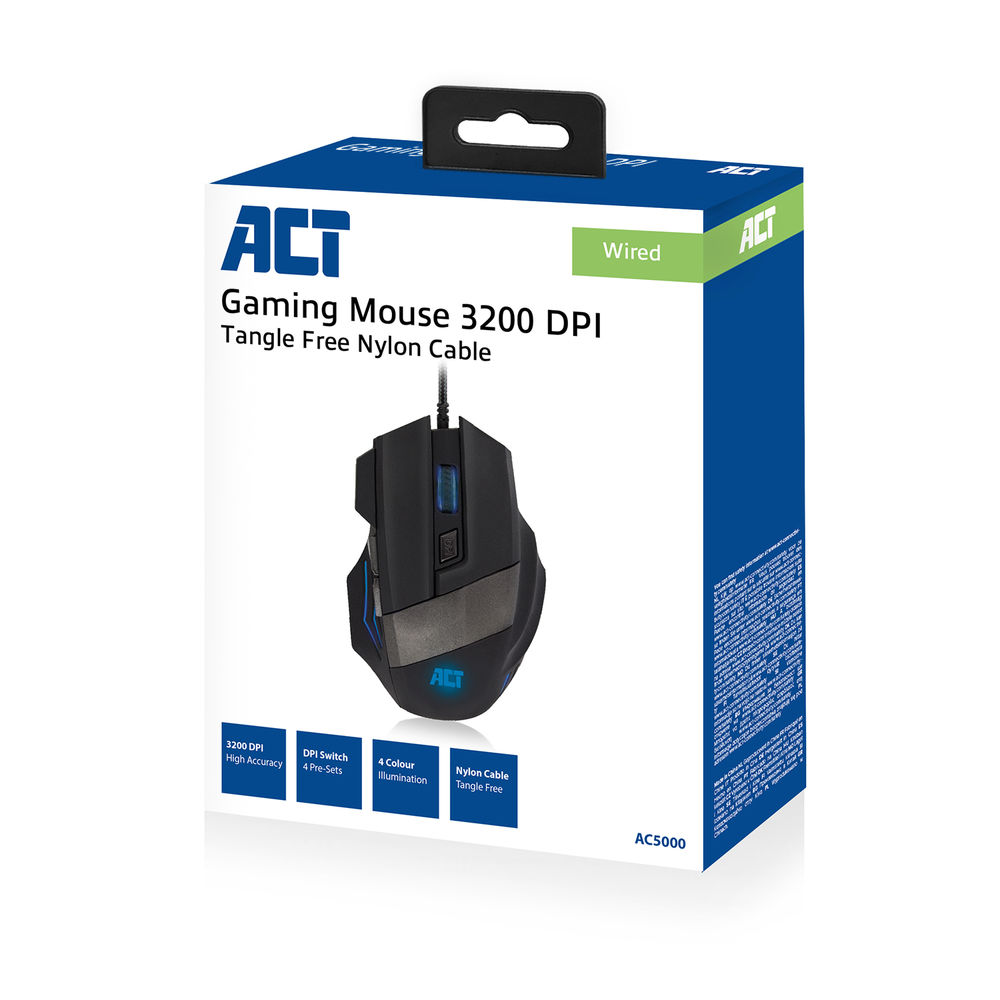Een doos met een zwarte gamingmuis. De doos is wit en blauw met het merk ACT en functies zoals 3200 DPI en een nylon kabel.