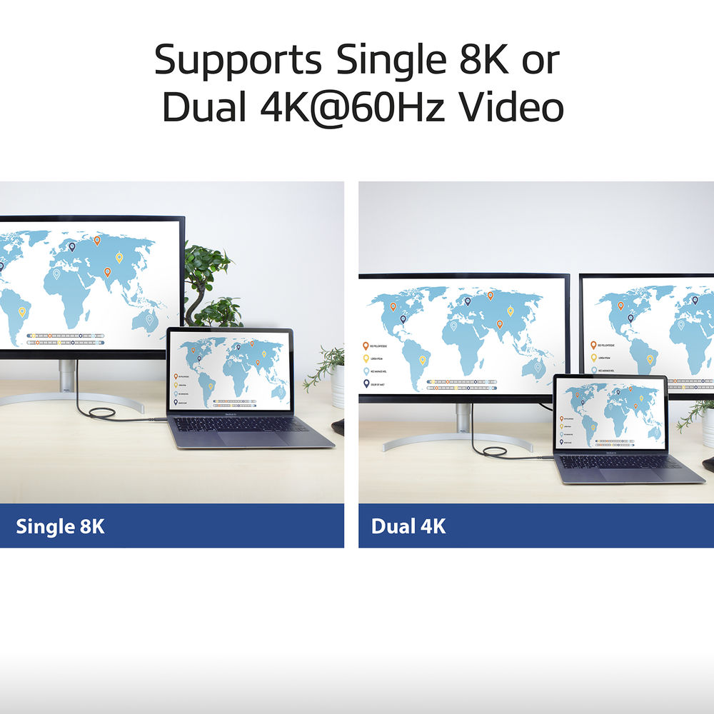 L'image montre un moniteur et un ordinateur portable affichant une carte du monde. Le texte ci-dessus indique 'Prend en charge la vidéo unique 8K ou Dual 4K@60Hz'.