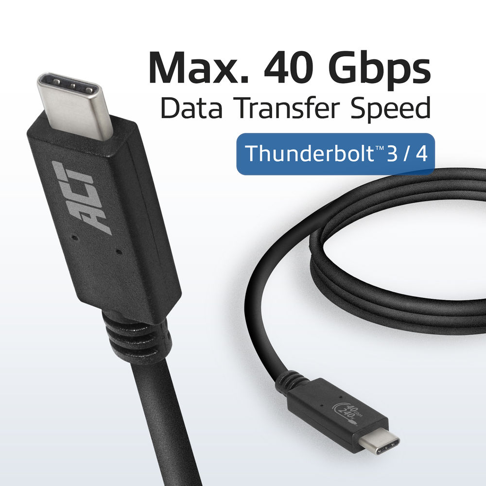 Un câble Thunderbolt noir avec connecteur USB-C. Le texte indique 'Vitesse de transfert de données max. 40 Gbit/s' et 'Thunderbolt 3/4'.