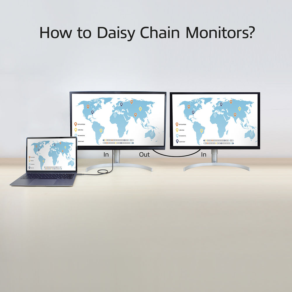 Ein Laptop ist mit zwei Monitoren verbunden. Die Monitore zeigen Weltkarten mit Markierungen. Das Setup veranschaulicht Daisy-Chaining-Monitore.
