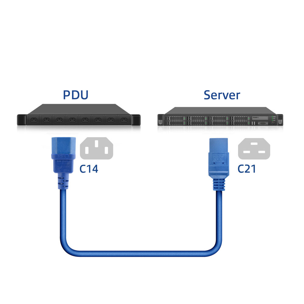 Diagramm eines PDU und Servers, verbunden durch ein blaues Stromkabel, mit den Bezeichnungen C14 und C21.