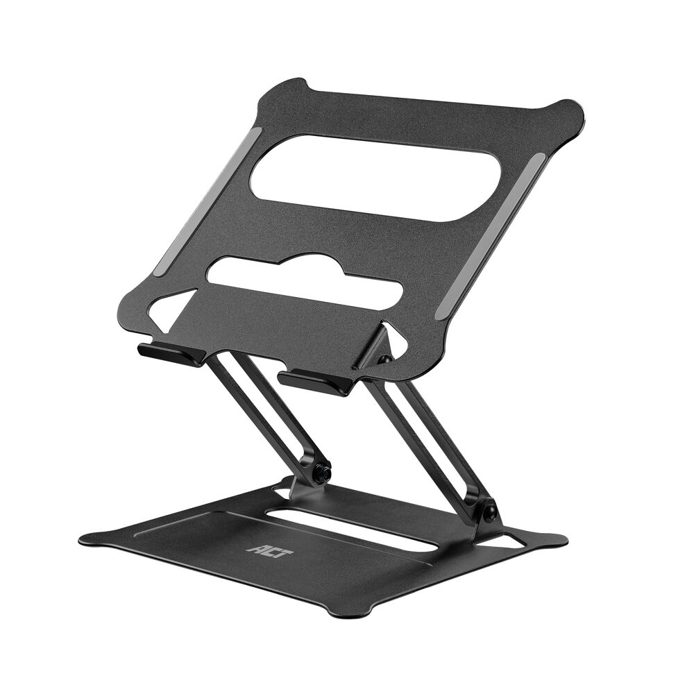 Schwarzer Laptop-Ständer. Er hat ein verstellbares Design mit Basis, Stützarme und Plattform für den Laptop.
