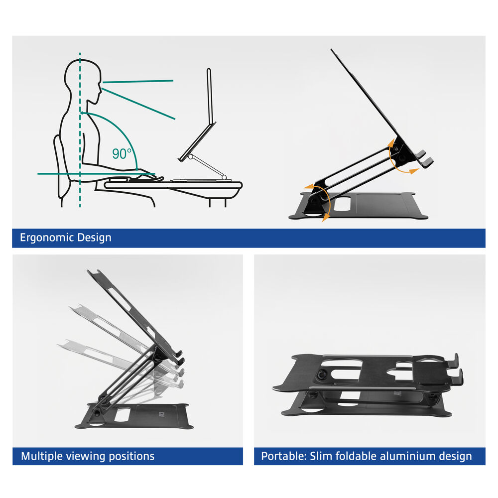 Diagramme zeigen ergonomisches Design, mehrere Betrachtungspositionen und einen tragbaren, schlanken, faltbaren Laptop-Ständer aus Aluminium.