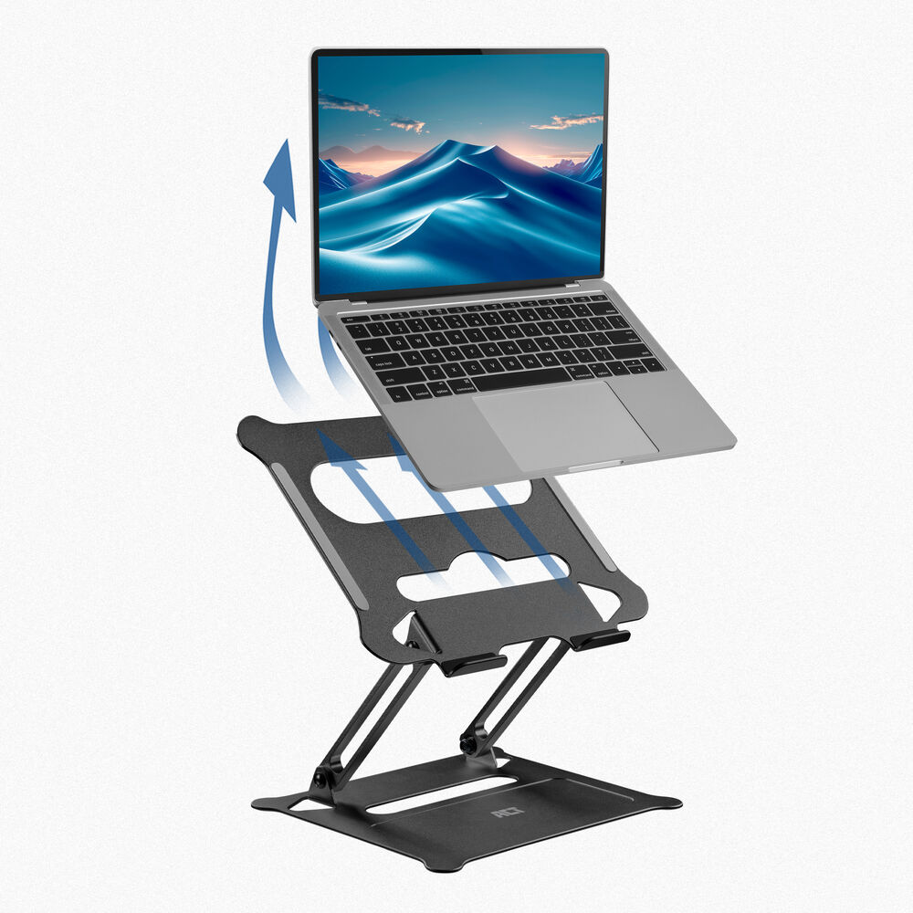 Ein Laptop schwebt über einem schwarzen Laptopständer. Der Laptop-Bildschirm zeigt Berge. Ein blauer Pfeil zeigt das Anheben.