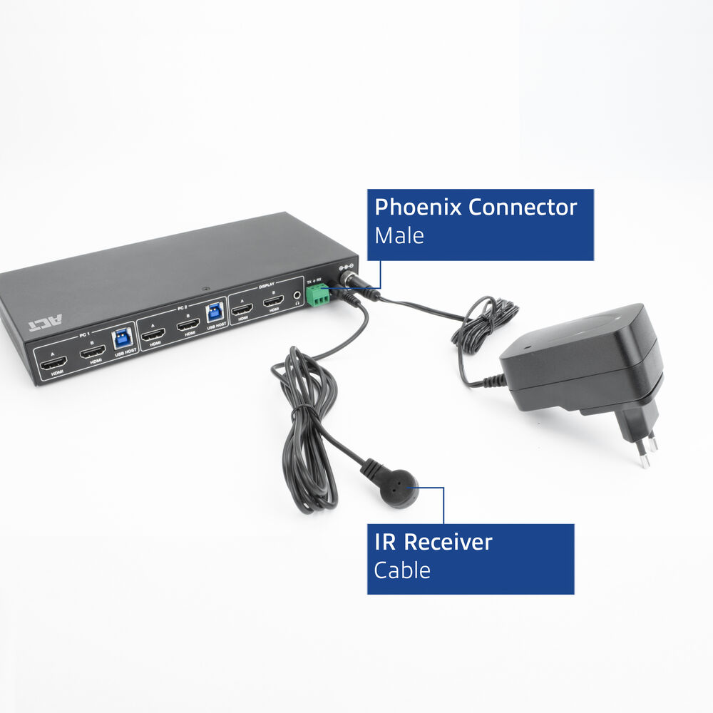 Un dispositivo nero con più porte collegato a cavi e un adattatore di alimentazione. Etichettato: Phoenix Connector Male e IR Receiver Cable.