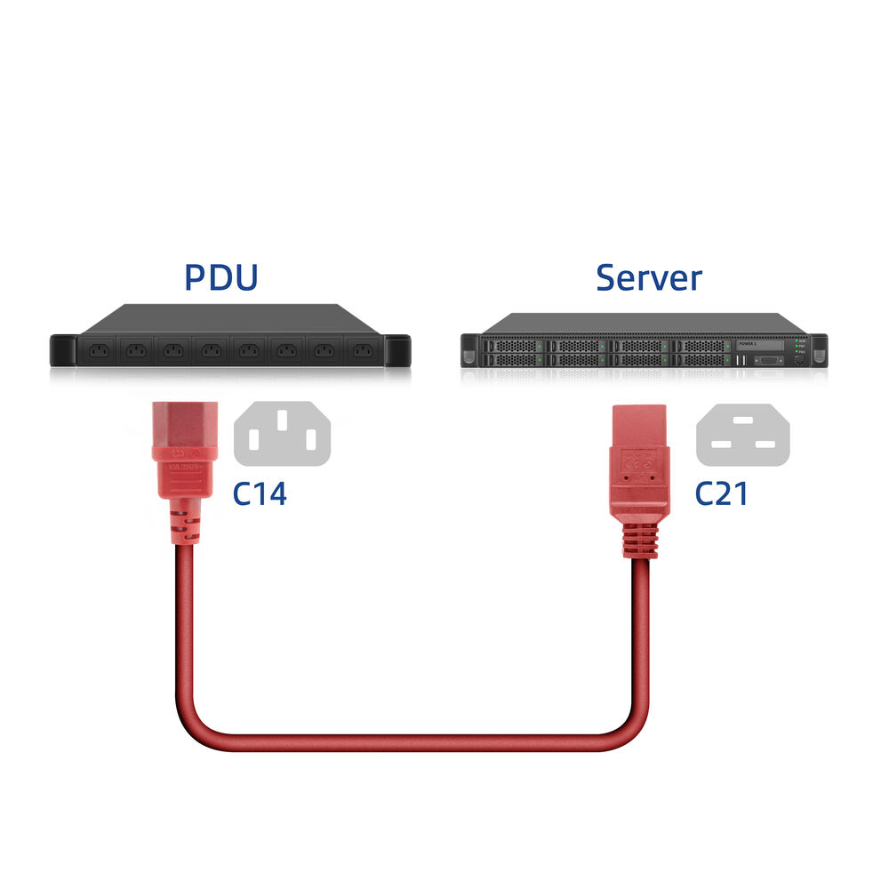 Das Bild zeigt ein PDU und einen Server, die durch ein rotes Stromkabel verbunden sind. C14- und C21-Anschlüsse sind beschriftet. Weißer Hintergrund.
