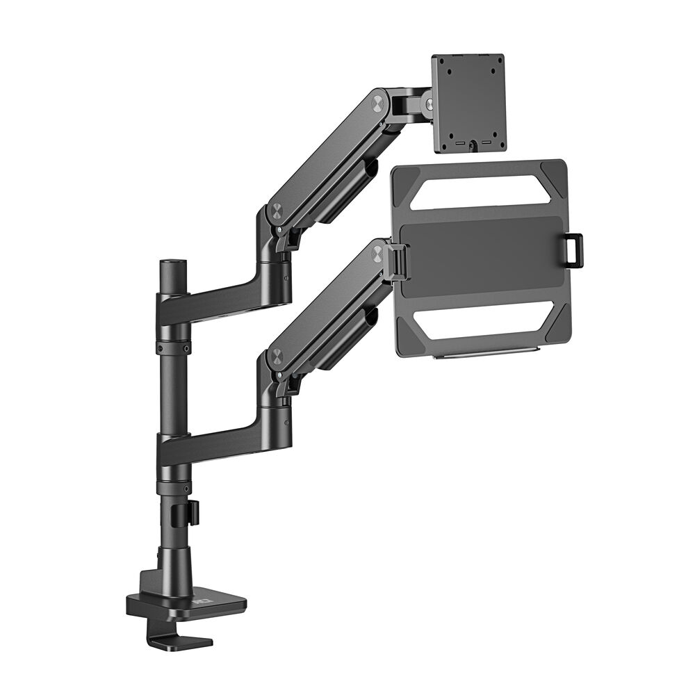 A dark gray monitor arm with a clamp base, multiple joints, and two mounting plates for displays. The background is white.