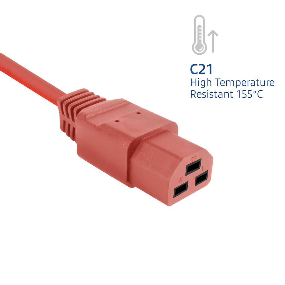 Ein rotes Netzkabel mit C21-Stecker. Es ist bis zu 155 °C temperaturbeständig. In der Nähe befindet sich ein Thermometer-Symbol.