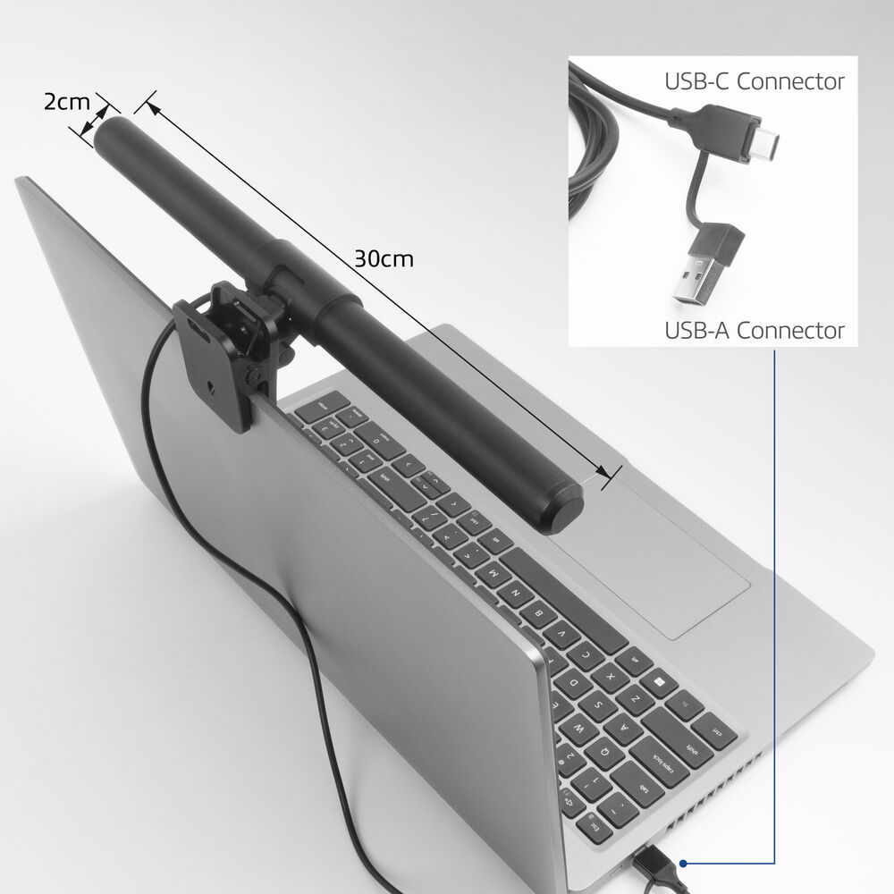 A laptop with a black light bar attached. USB-C and USB-A connectors are visible, along with measurement labels: 2cm, 30cm.