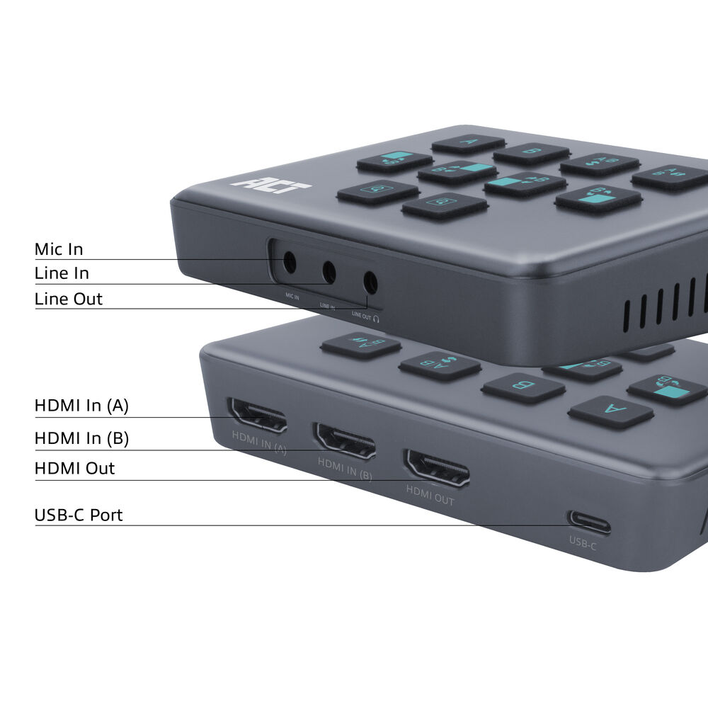 Zwei graue Audio-/Video-Umschalter mit beschrifteten Tasten und Anschlüssen. Enthält HDMI-, USB-C- und Audio-Ein-/Ausgänge. Das obere ist leicht geneigt.