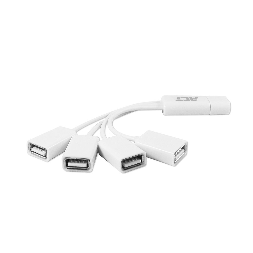 Ein weißer USB-Hub mit vier Anschlüssen und einem Stecker. Der Hub ist mit ACT beschriftet.