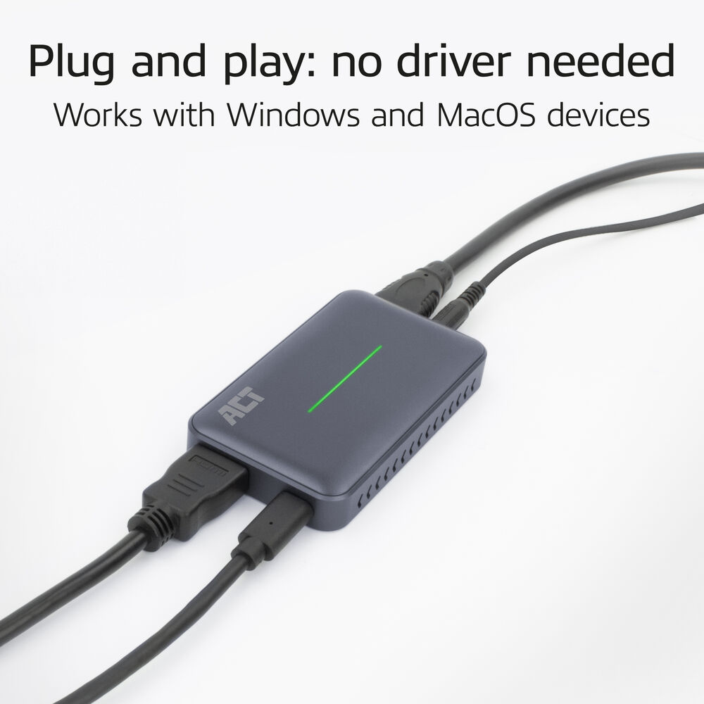 Ciemnoszare urządzenie z wpiętymi kablami. Ma zielone światło. Na górze tekst: Plug and play: no driver needed.