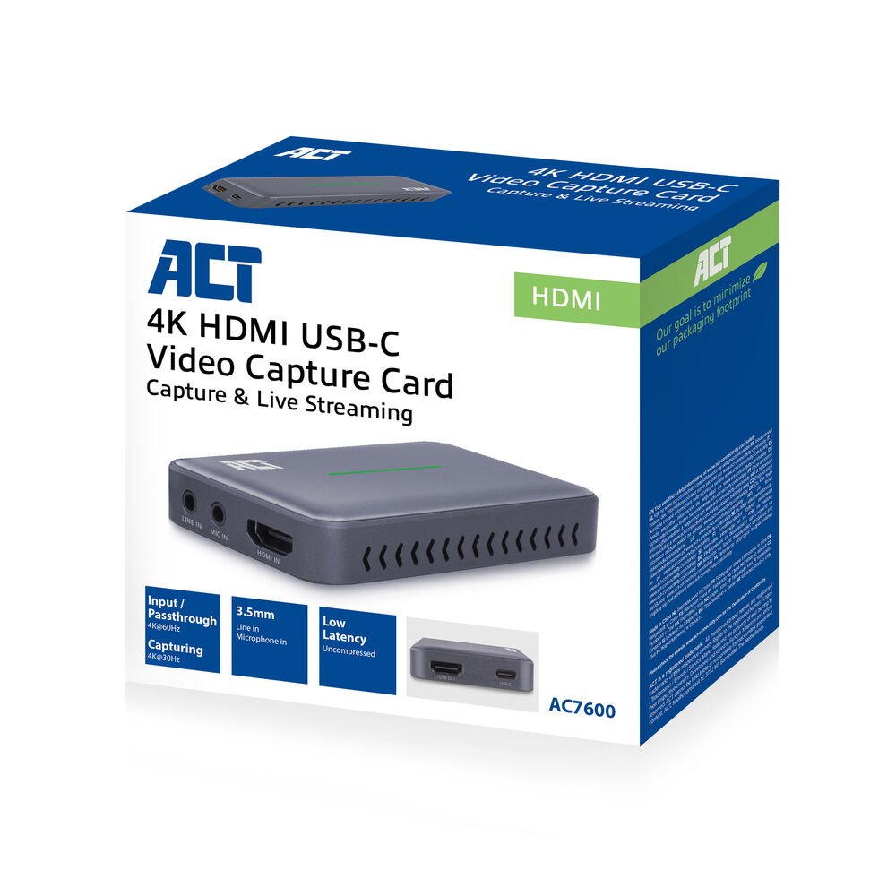 Zapakowana karta przechwytywania wideo 4K HDMI USB-C. Zawiera HDMI, wejście mikrofonu 3,5 mm i niskie opóźnienia. Marka to ACT.