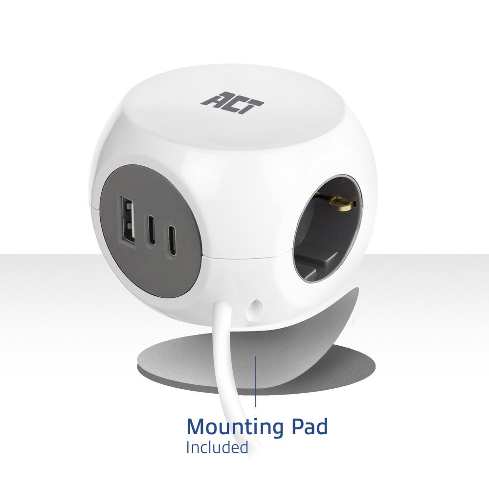 A white power cube with USB ports, power outlets, and a mounting pad. The brand ACT is visible. White cable is connected.