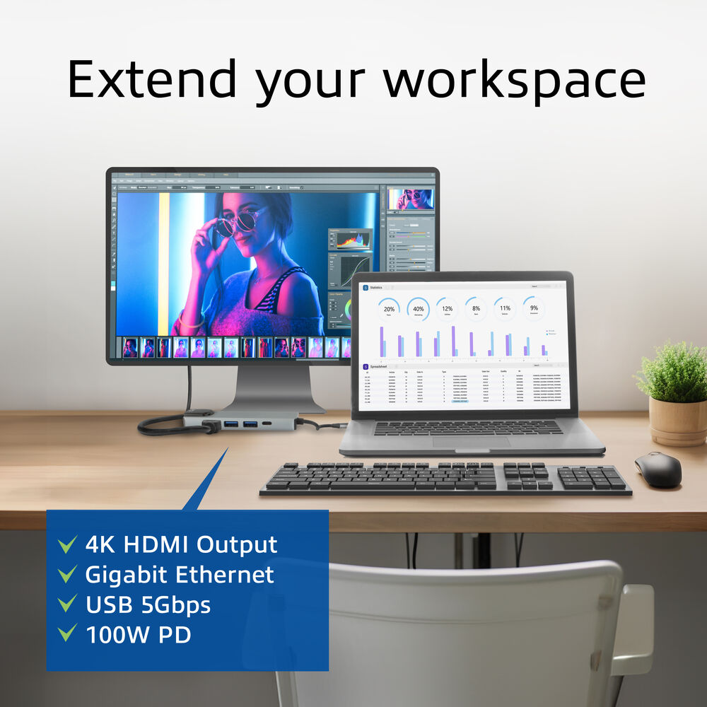 Una scrivania con monitor, laptop e accessori. Il testo evidenzia le funzioni: 4K HDMI, Gigabit Ethernet, USB 5 Gbps e 100W PD.