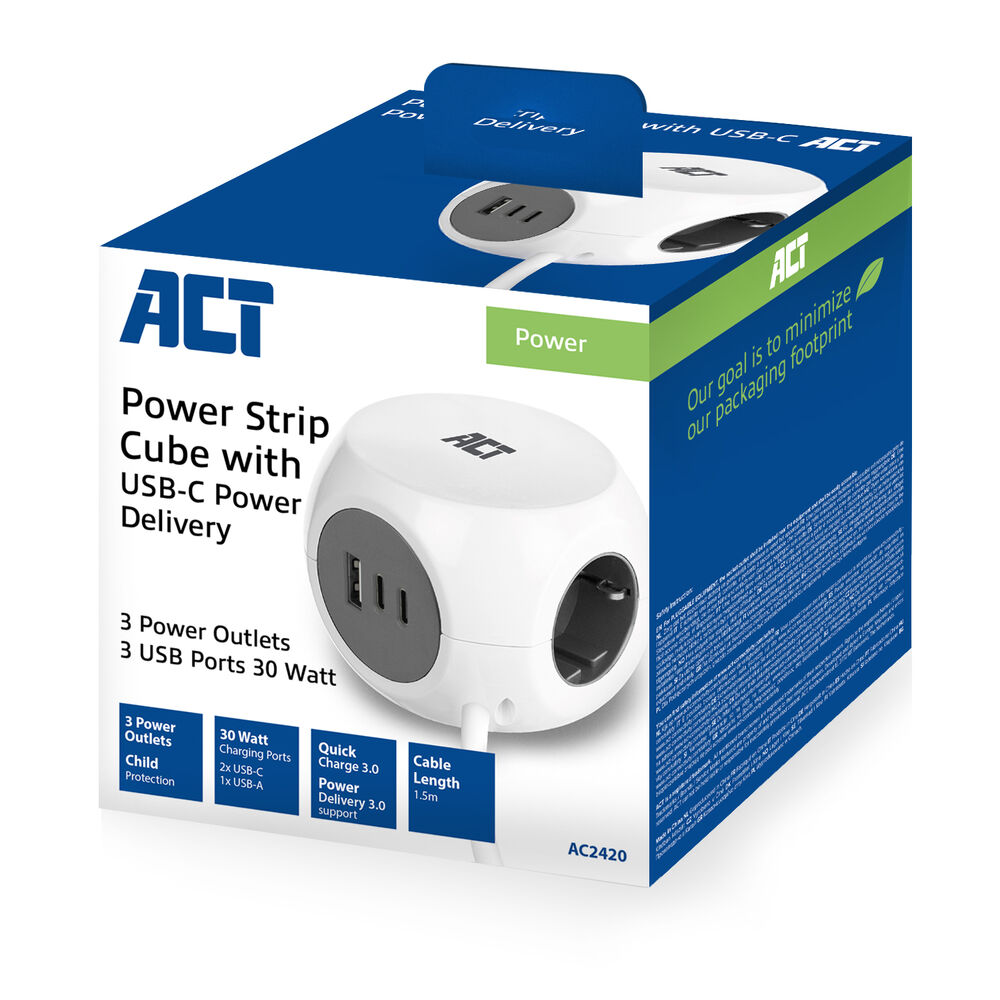 A white power strip cube with USB-C ports sits on a box. The box has the product name, features, and ACT logo.