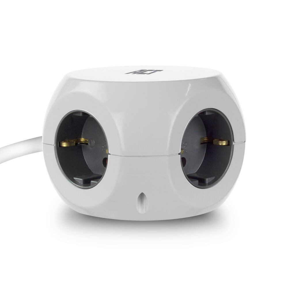 A white power outlet with two sockets. The outlet is spherical with a cable attached. The sockets are black, with gold contacts.