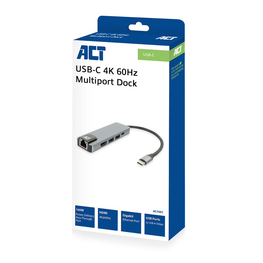 Una scatola di prodotto per un dock multiporta USB-C. Il dock è grigio, collegato a un cavo nero. La scatola ha il logo ACT e specifiche.