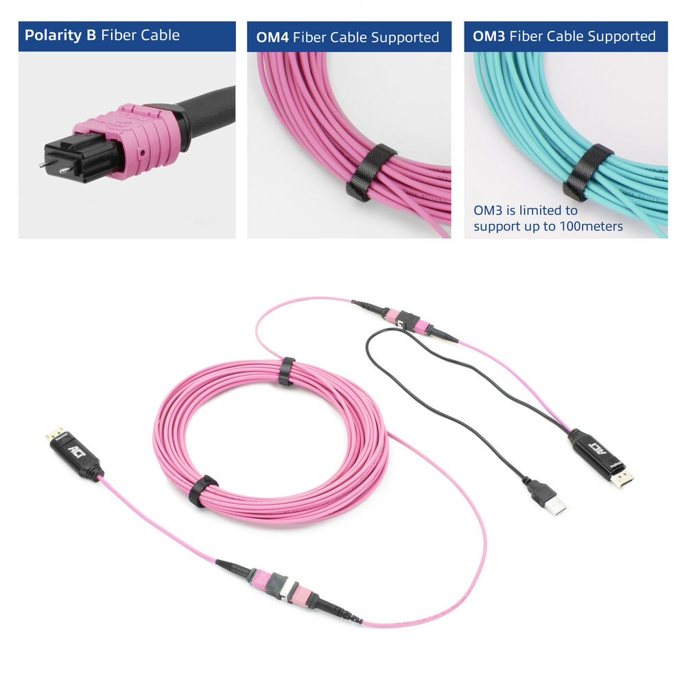Cavi in fibra ottica. Cavi rosa e neri con connettori e un fascio di cavo in fibra rosa.
