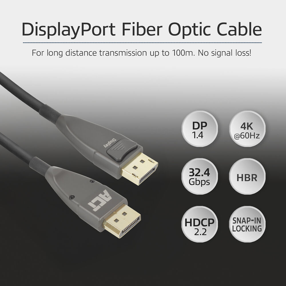 DisplayPort-Glasfaserkabel mit Anschlüssen. Merkmale sind 4K@60Hz, 32,4 Gbit/s und HDCP 2.2. Text: Langstreckenübertragung.