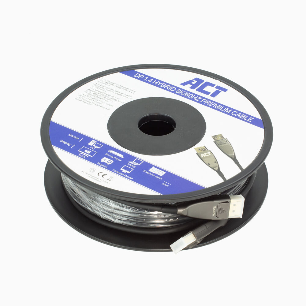 Eine Spule mit schwarzem Kabel und weißem Etikett. Auf dem Etikett steht "DP 1.4 HYBRID 8K/60HZ PREMIUM CABLE". Kabel mit Steckern sind sichtbar.
