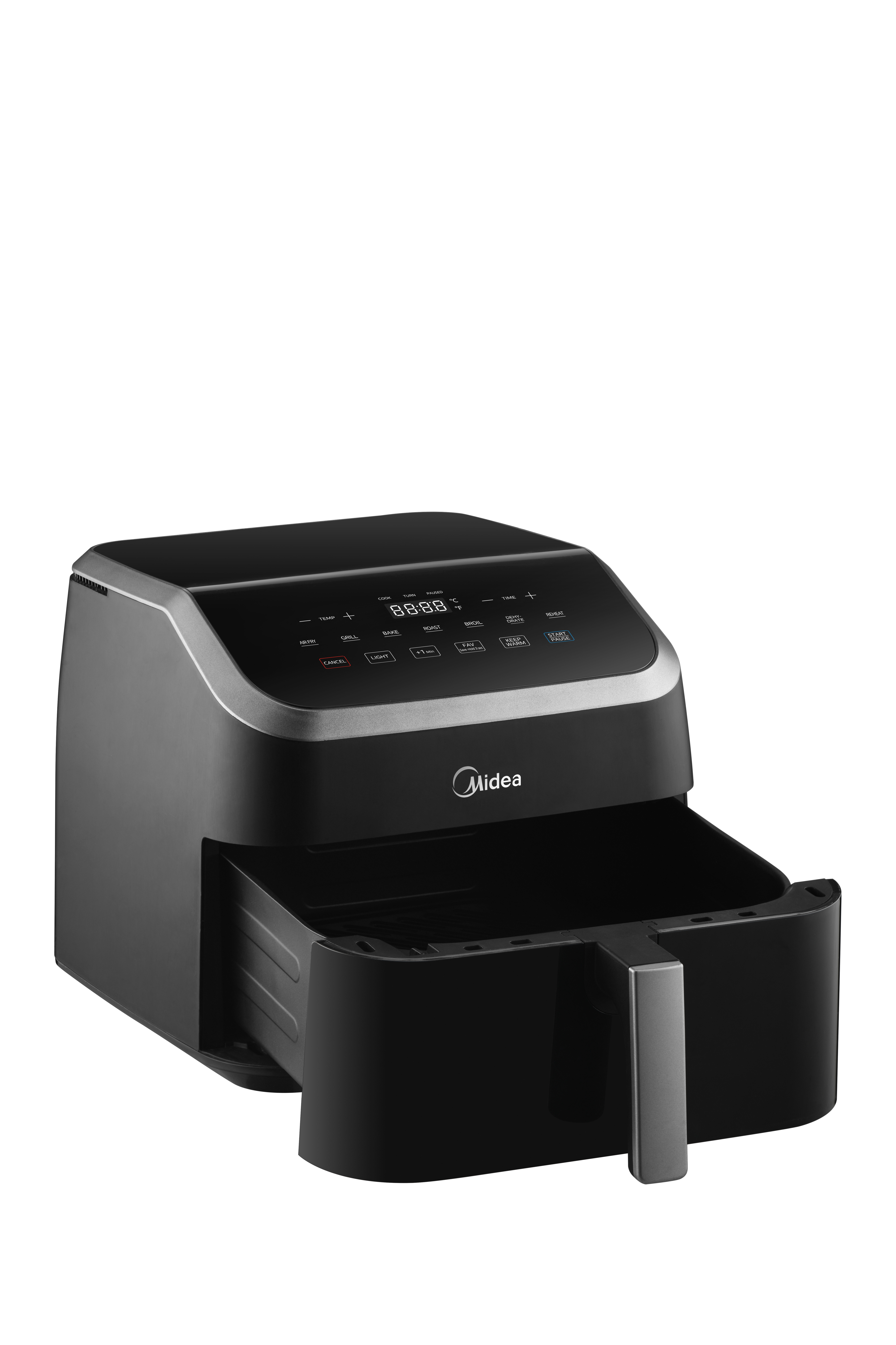 Friggitrice ad aria Midea nera con cassetto aperto, display digitale e pannello di controllo. Sfondo bianco.