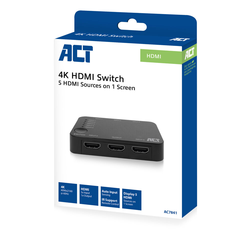 Produktbox für einen 4K-HDMI-Switch. Sie zeigt ein schwarzes Gerät mit mehreren Anschlüssen und Funktionen auf der Box.