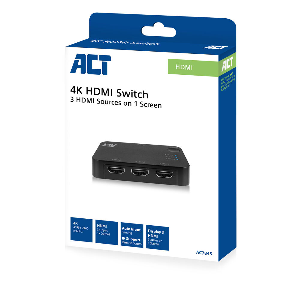Produktbox für einen 4K-HDMI-Switch. Die Box ist blau und weiß mit der Marke ACT. Sie zeigt den Switch und seine Funktionen.