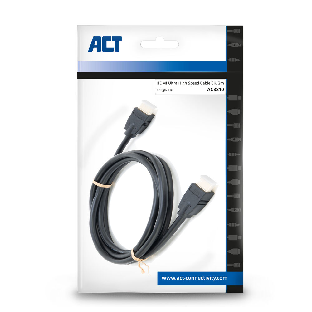Een HDMI-kabel op een witte achtergrond. De kabel is opgerold en vastgezet met een elastiek, verpakt in een wit en blauw etui.