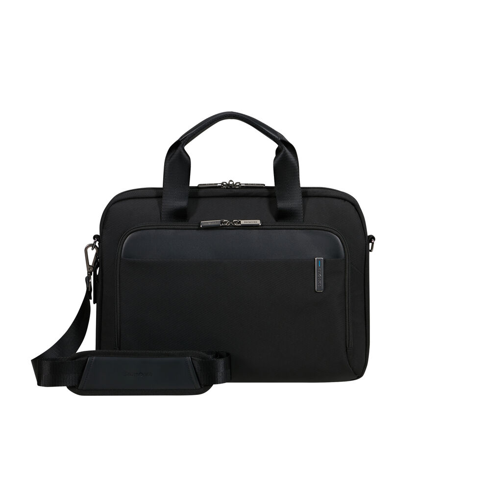 Eine schwarze Samsonite-Aktentasche mit Schultergurt und Griff. Sie hat eine Vordertasche, Metalldetails und ein Logo.