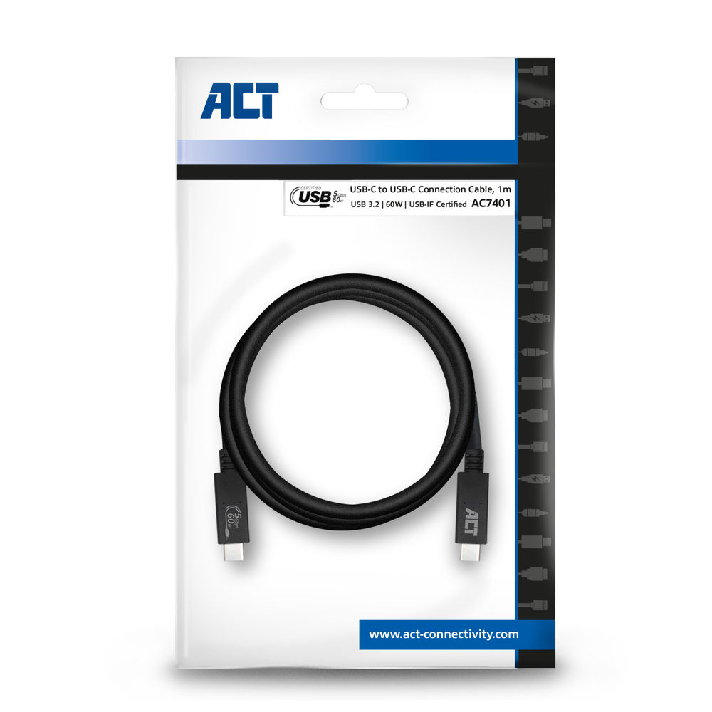 Een zwarte USB-C naar USB-C kabel in verpakking. De verpakking heeft het ACT logo, productdetails en de website www.act-connectivity.com.