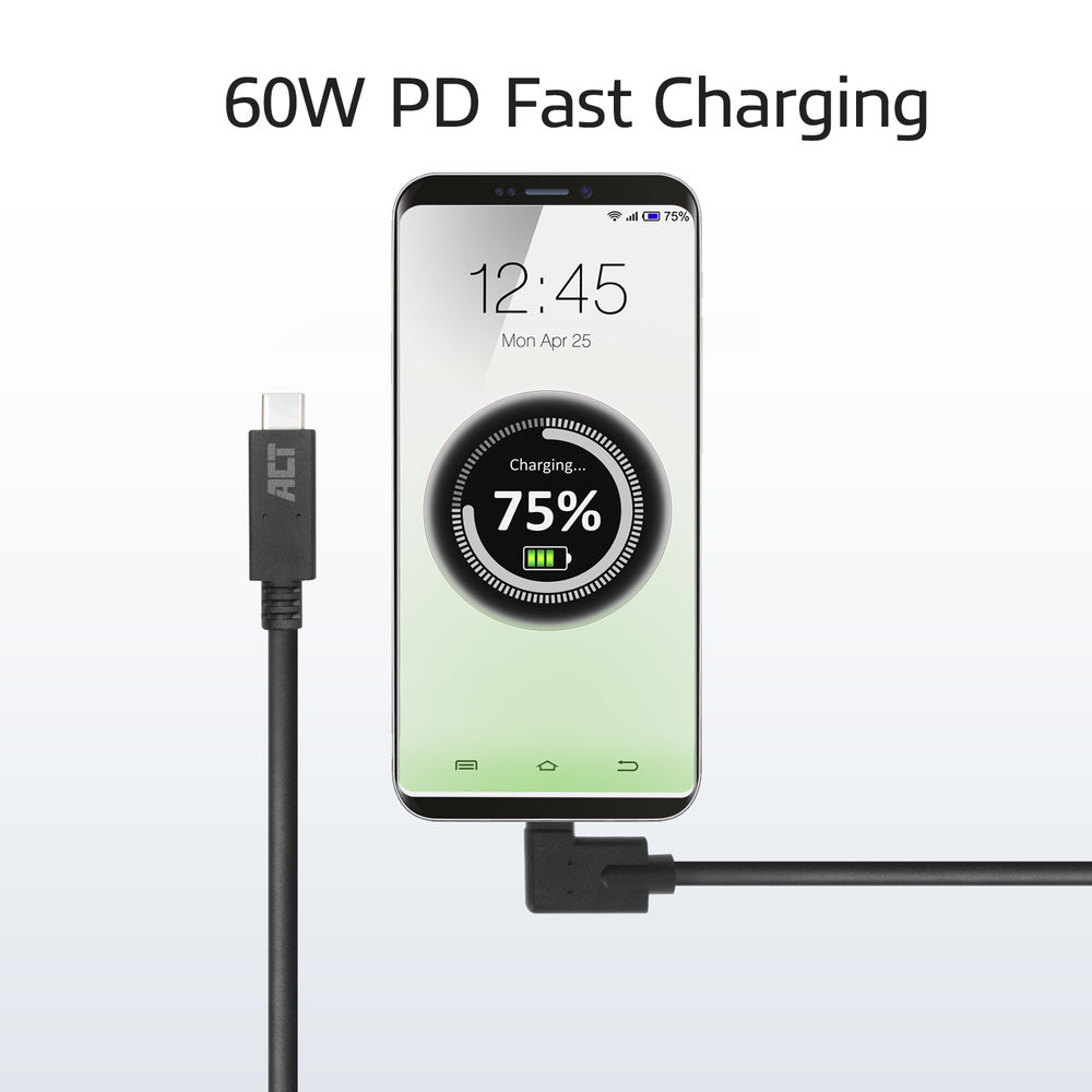 Een telefoon die oplaadt, met 75% batterij. Een zwarte oplaadkabel is aangesloten op de telefoon en is gelabeld 'ACT'.