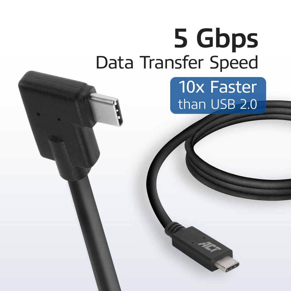 Zwarte USB-C-kabel met haakse connector. Tekst: 5 Gbps Dataoverdrachtssnelheid, 10x sneller dan USB 2.0. ACT-logo.