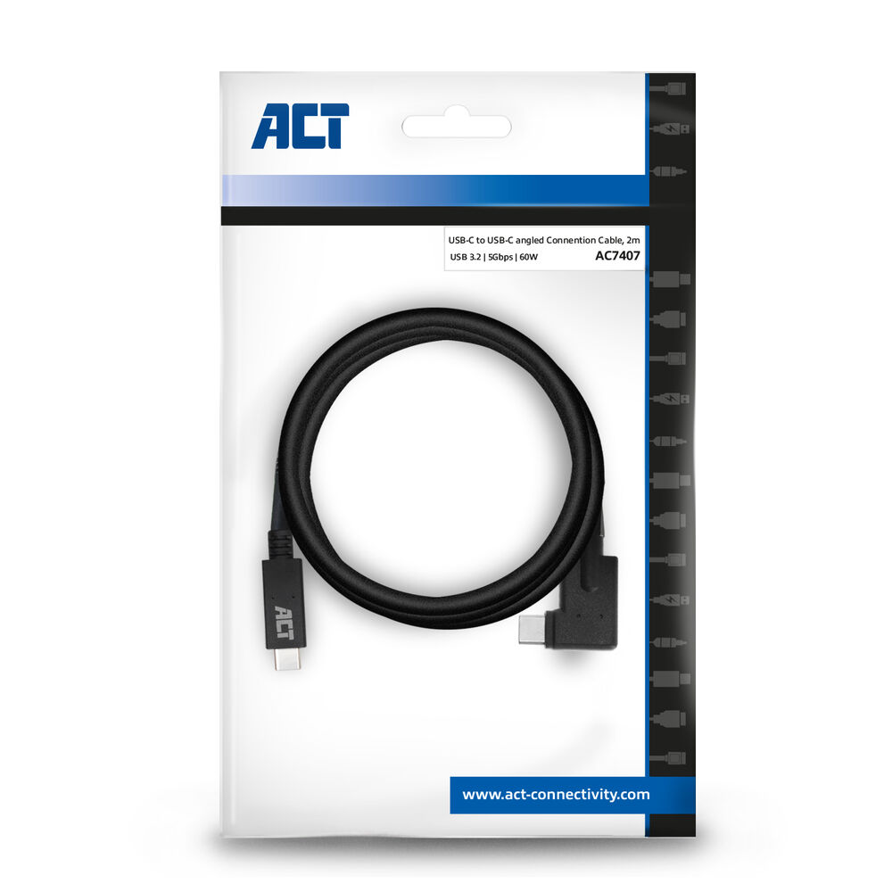 Zwarte USB-C-kabel in een verpakking. De verpakking heeft het merk ACT. De kabel is haaks met specificaties: 2m, USB 3.2, 5Gbps, 60W.