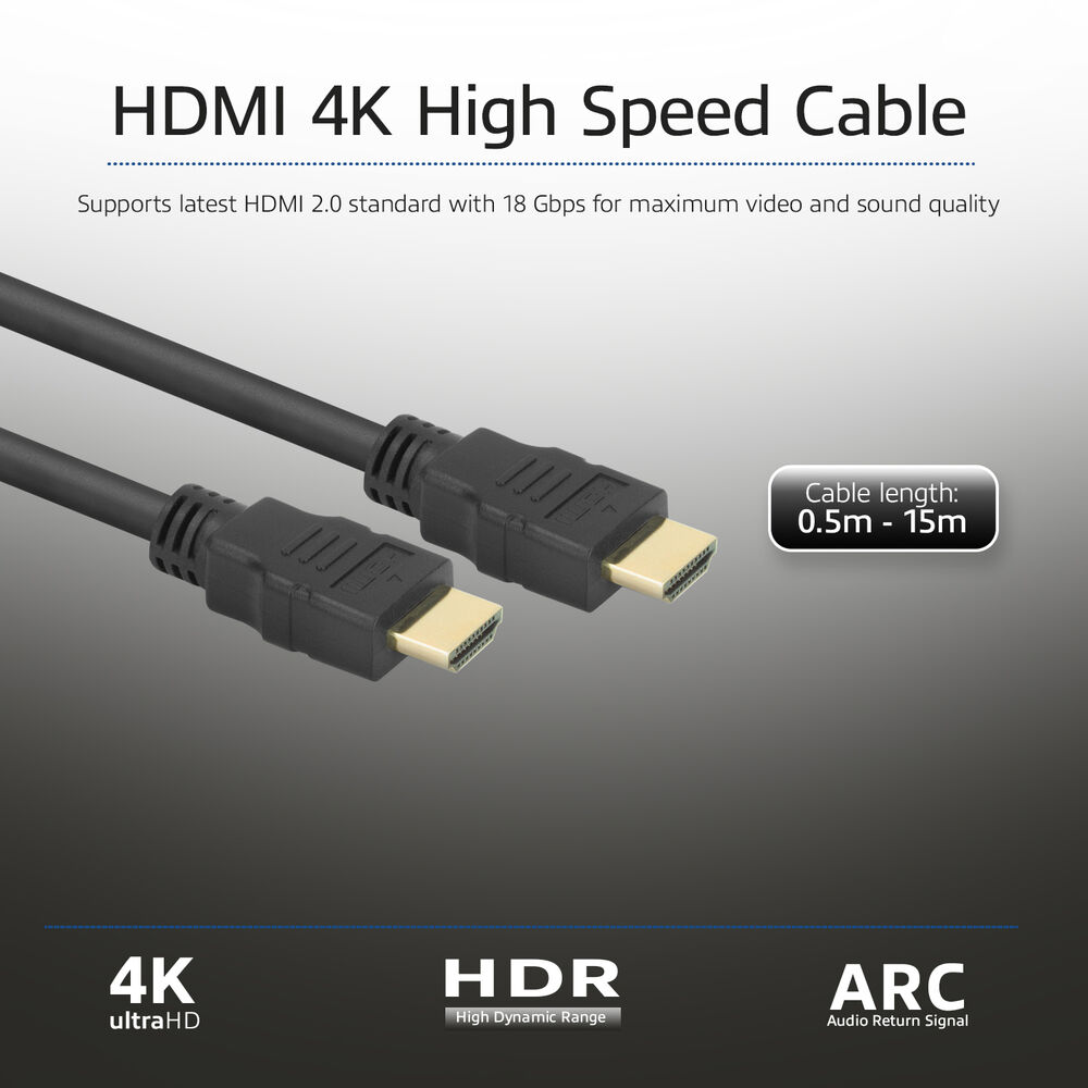 Zwarte HDMI-kabel met gouden connectoren. Tekst: HDMI 4K High Speed Cable, 4K, HDR, ARC. Kabellengte: 0,5m-15m.